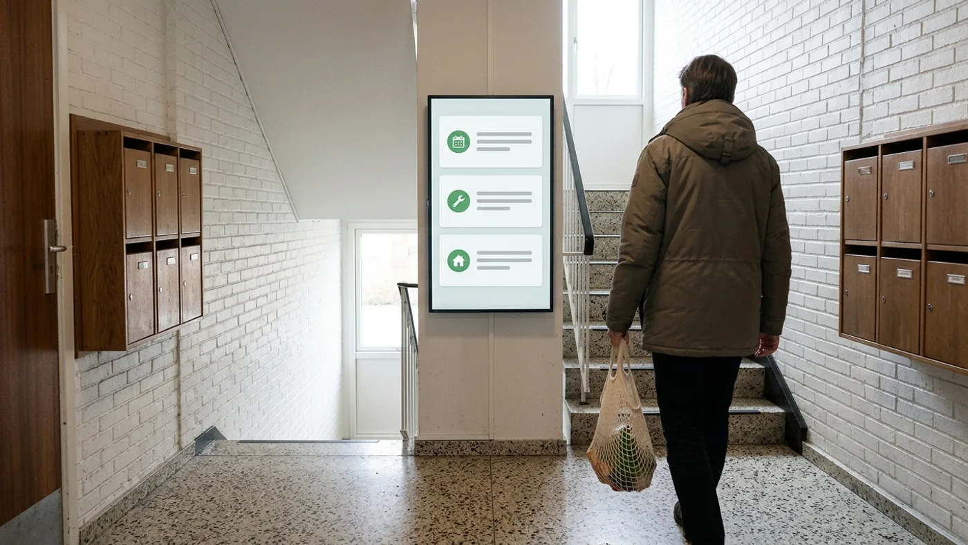Infoskærm i en opgang, der viser foreningens opslag