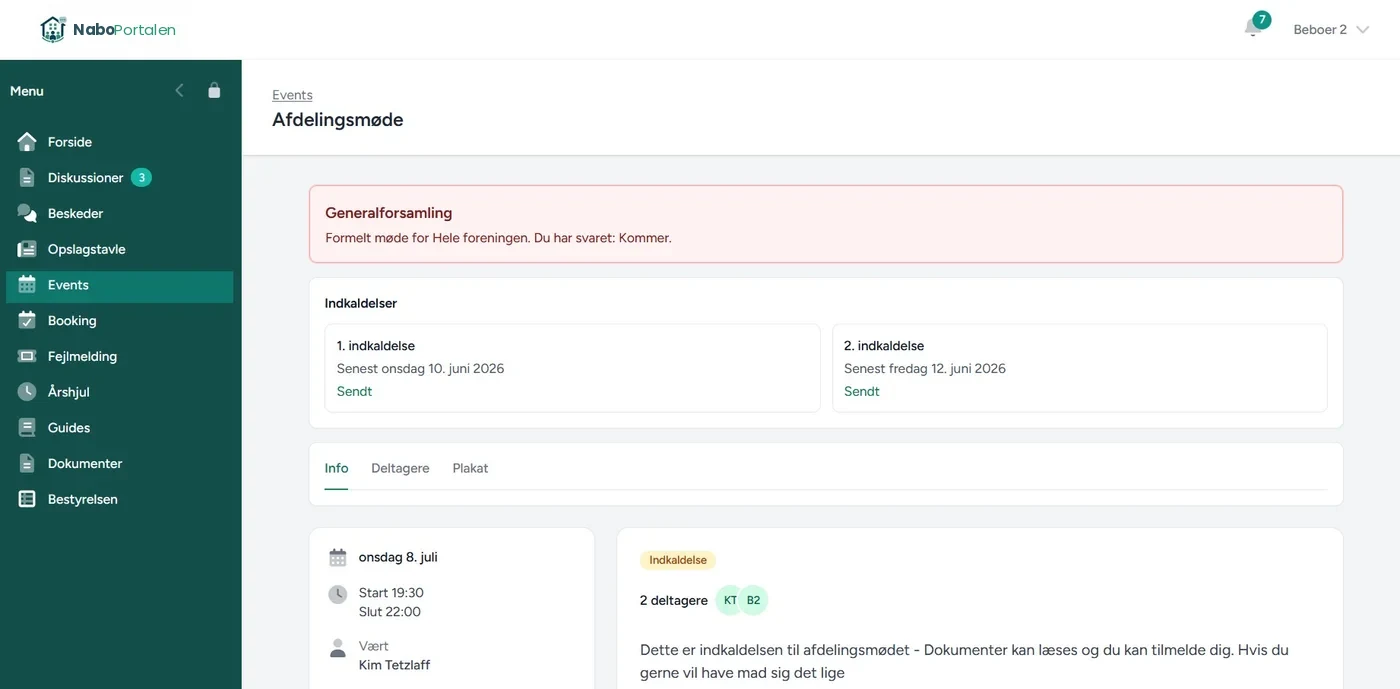 Generalforsamling med indkaldelser, RSVP og deltageroverblik i NaboPortalen