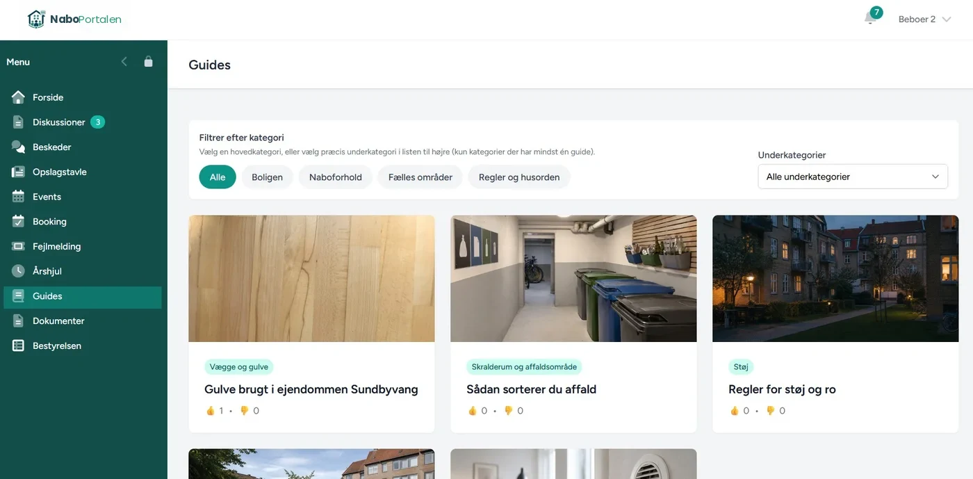 Guider i NaboPortalen med kategorier, forsidebilleder og selvhjælp før en sag oprettes