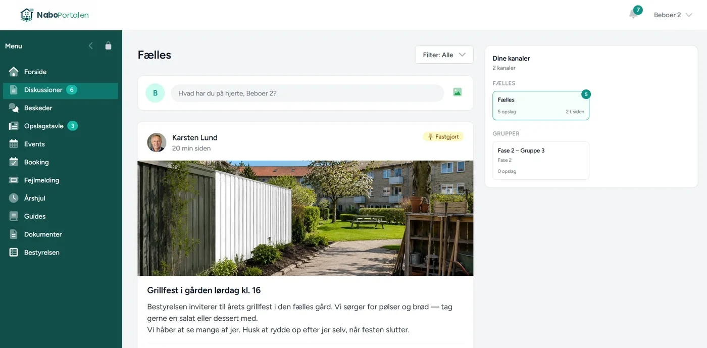 Diskussioner i NaboPortalen med kanaler, opslag og billeder fra fællesskabet