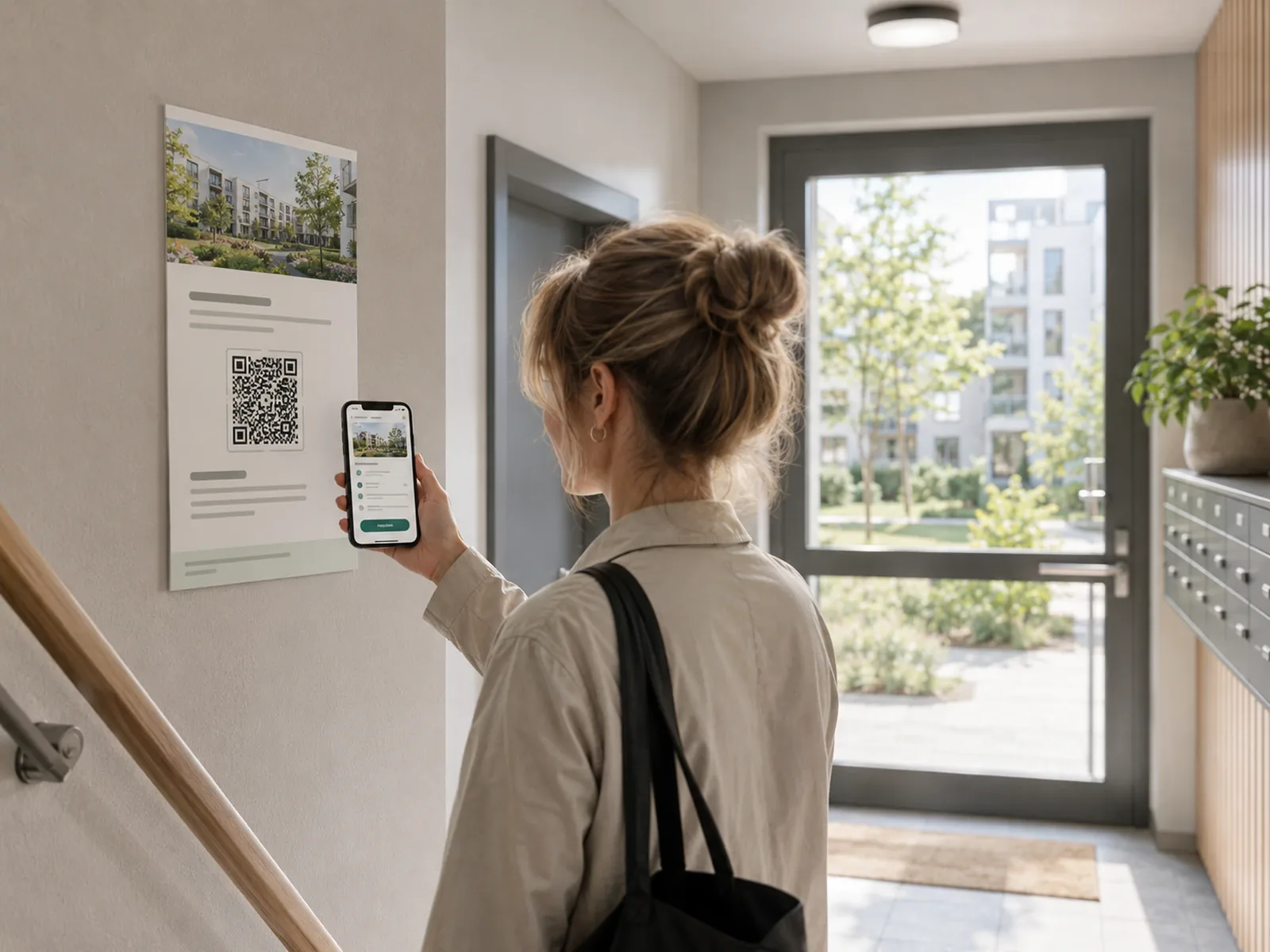 Illustration af en plakat med QR-kode, der leder beboeren ind til eventsiden på telefonen med tilmelding