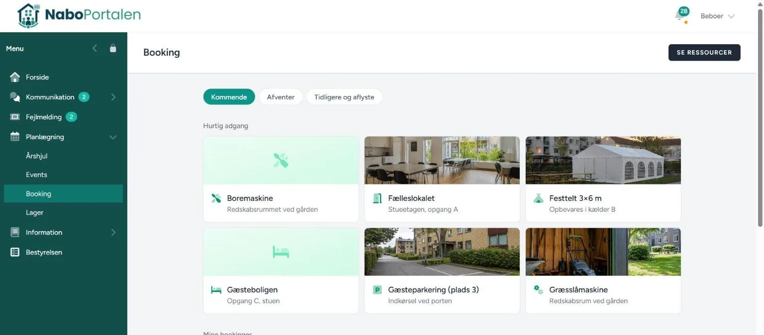 Booking – skærmbillede fra NaboPortalen
