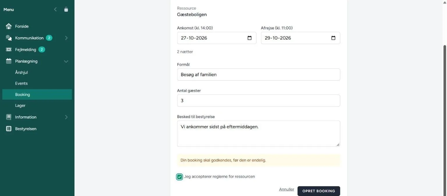 Opret booking – skærmbillede fra NaboPortalen