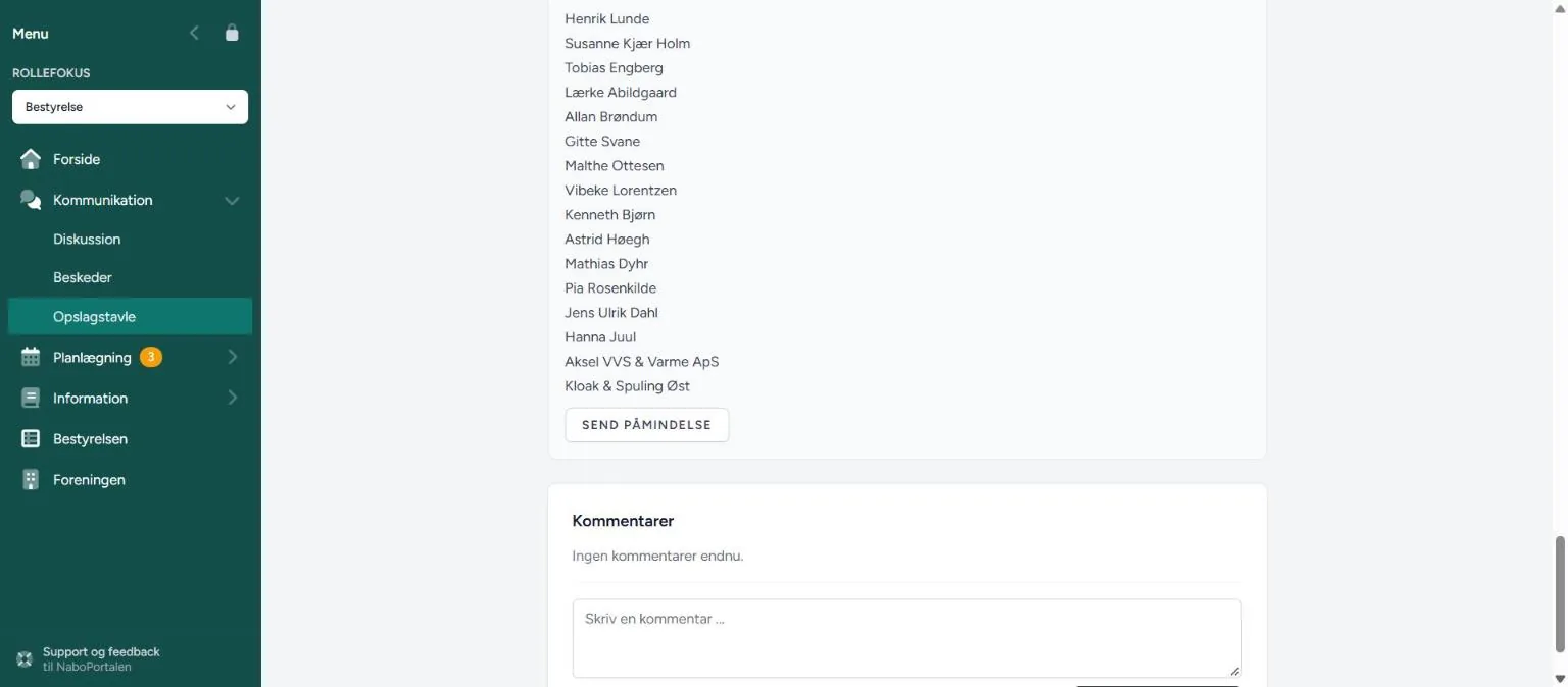 Send påmindelse – skærmbillede fra NaboPortalen