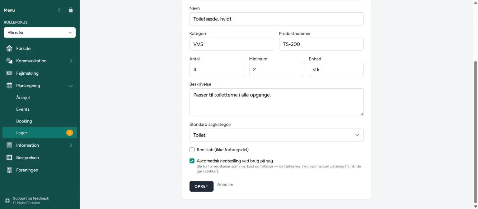 Standard sagkategori – skærmbillede fra NaboPortalen