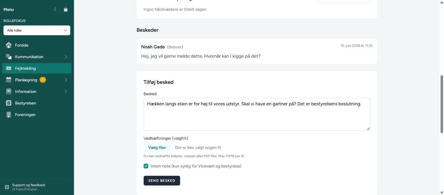 Intern note – skærmbillede fra NaboPortalen