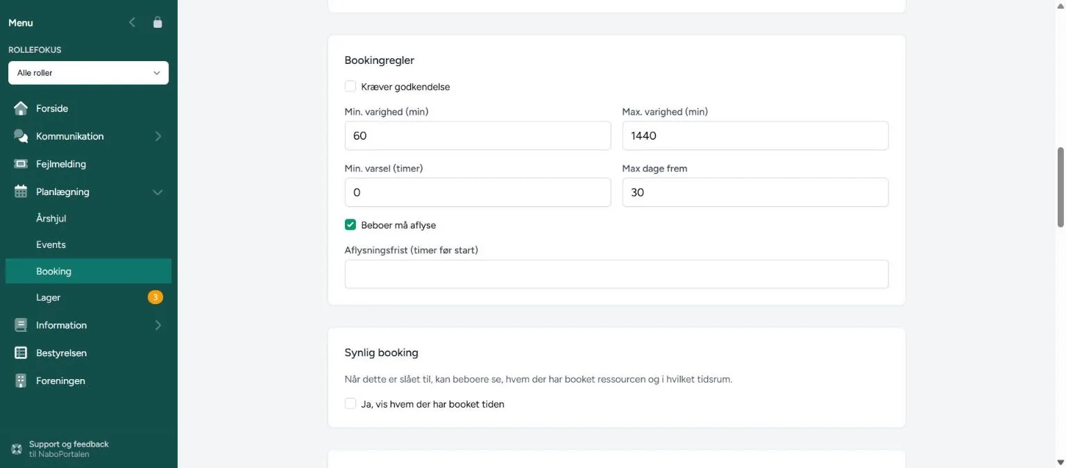 Bookingregler – skærmbillede fra NaboPortalen