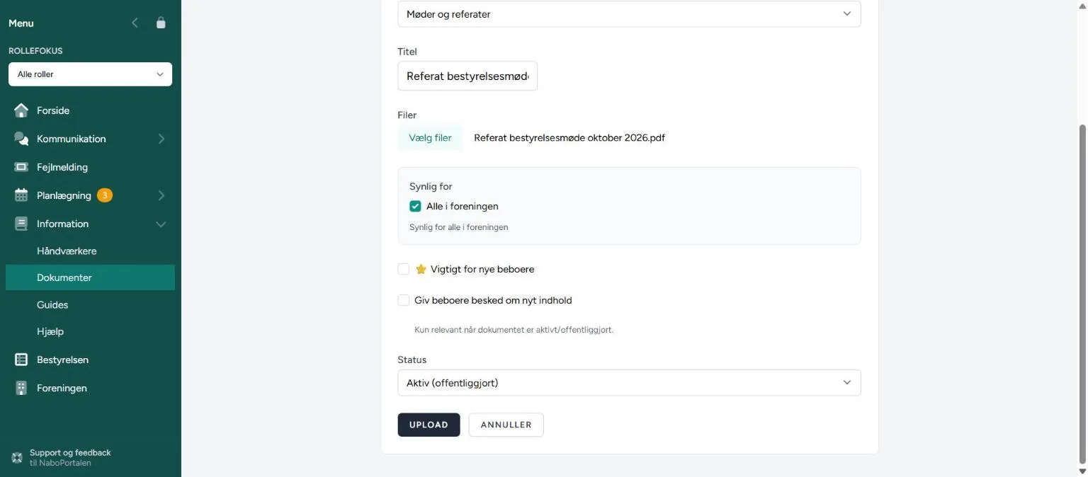 Aktiv – og Upload – skærmbillede fra NaboPortalen