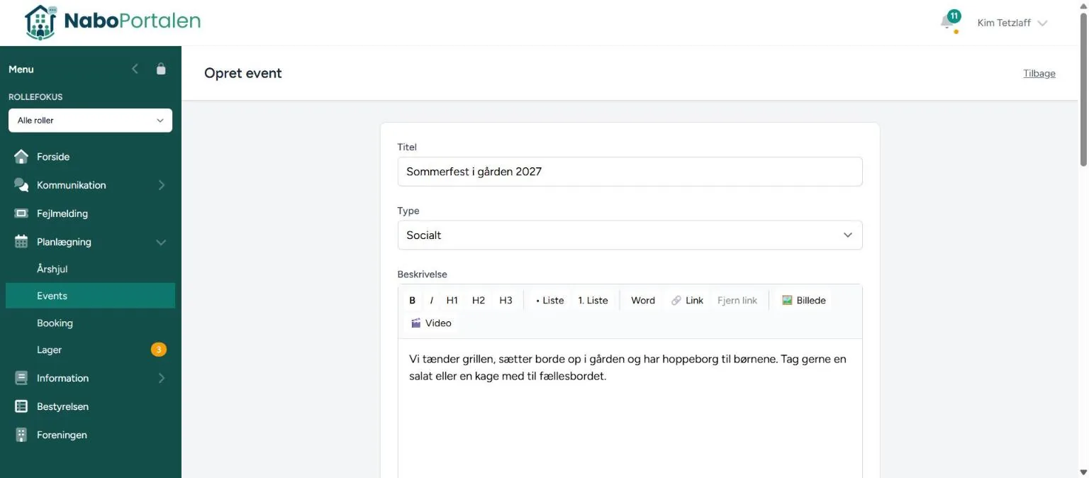 Nyt arrangement – skærmbillede fra NaboPortalen