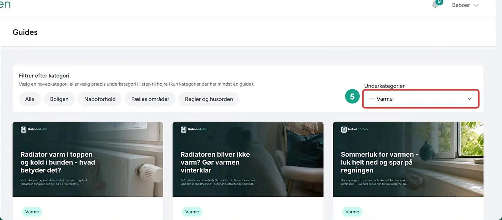 Kategorier – skærmbillede fra NaboPortalen